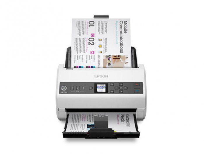 Scanner Epson DS-730N, dimensiune A4, tip sheetfed, viteza scanare: 40 ppm alb-negru si color, rezolutie optica 1200dpi, ADF Single Pass 100 pagini, duplex, Scan to Email, Scan to FTP, Scan to Web fol