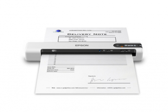 Scanner Epson DS-80W portabil, dimensiune A4, tip sheetfed, viteza scanare: 4 sec pagina alb-negru si color, rezolutie optica 600x600dpi, , fiabilitate ciclu de lucru zilnic 300 pagini, formate iesire