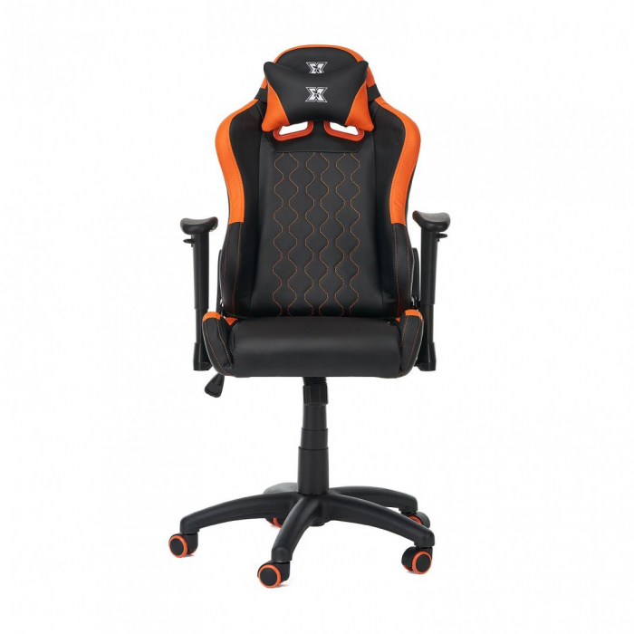 Scaun gaming X by Serioux, KIDS, ajustabil, piele sintetica, piston pe gaz clasa 2, manere reglabile, baza stea cu 5 picioare, greutate maxima admisa 100Kg, perna detasabila, negru portocaliu