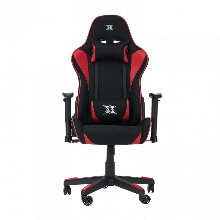 Scaun gaming X by Serioux, Torin, ajustabil, material textil, piston pe gaz, manere reglabile, baza stea cu 5 picioare, greutate maxima admisa 150Kg, perne detasabile, negru si rosu