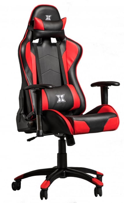 Scaun gaming X by Serioux, Torin, ajustabil, piele sintetica, piston pe gaz, manere reglabile, baza stea cu 5 picioare, greutate maxima admisa 150Kg, perne detasabile, negru si rosu