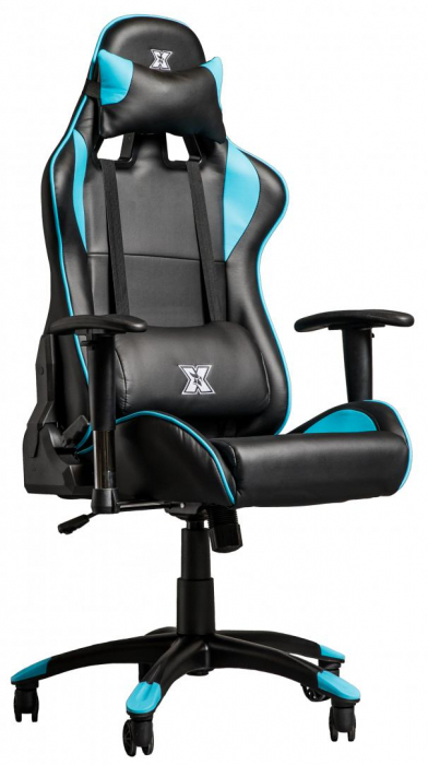 Scaun gaming X by Serioux, Torin, ajustabil, piele sintetica, piston pe gaz, manere reglabile, baza stea cu 5 picioare, greutate maxima admisa 150Kg, perne detasabile, negru si albastru