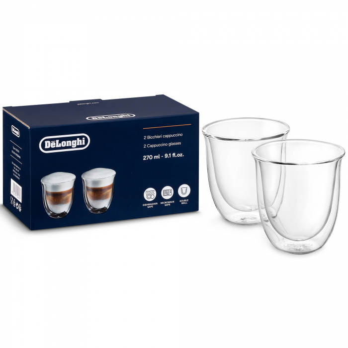 Set 2 pahare cappuccino De Longhi, 2x190 ml, Sticla termorezistenta, Transparente, Perete dublu