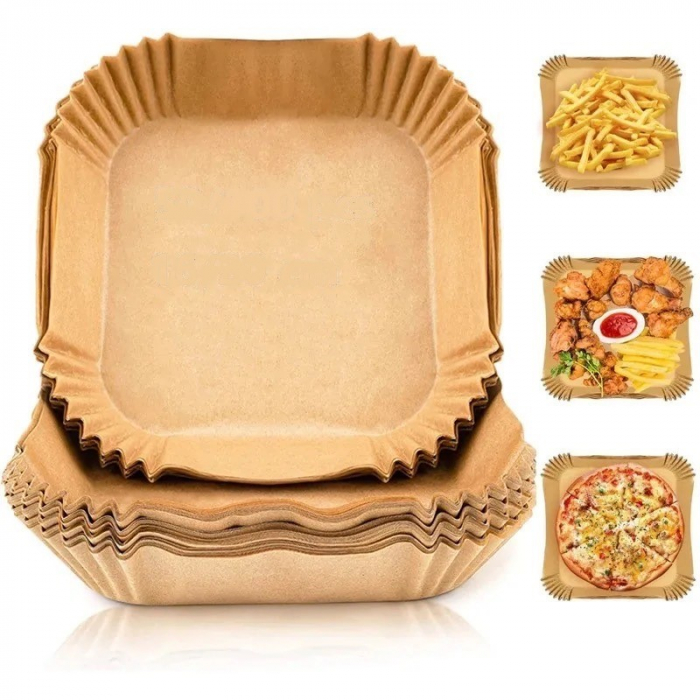 Set hârtie de copt pentru friteuza cu aer cald, 50 bucăți,  Unica folosință, 20 cm, Maro [3]