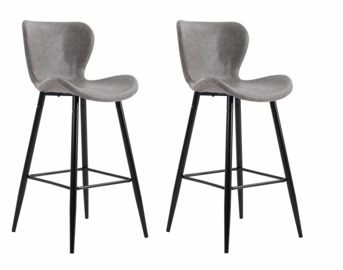 Set of 2 retro bar chairs - Light grey Seat dimensions: 56x48x106 cm Seat depth: 36 cm Seat width 46 cm Seat height 72 cm Material: black metal legs, plastic seat covered in ecological leather upholst