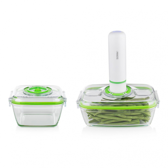 Set Pompa si Caserole pentru vidat Princess 492985, Doua caserole incluse, Capacitate 1.1 si 0.7 L, Alb Verde