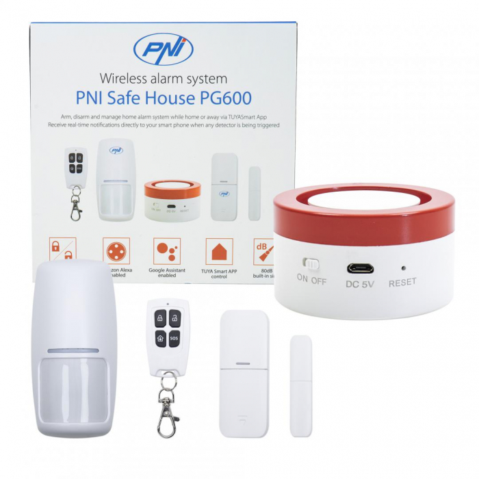 Sistem de alarma wireless PNI Safe House PG600, sistem inteligent de securitate pentru casa, conectare wireless, alarma antiefractie, alarma fara fir, alerta inteligenta prin aplicatia TUYA iOS Andr