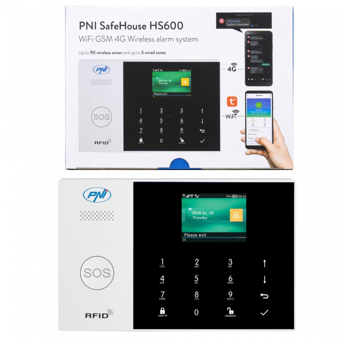 Sistem de alarma wireless PNI SafeHouse HS600 Wifi GSM 4G, suporta 90 zone wireless si 3 zone cu fir, compatibil cu aplicatia Tuya Smart, alerta prin SMS, apel vocal, notificare pe telefon, Zone wirel