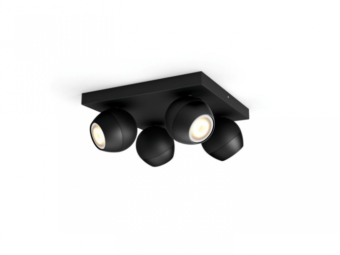 Spot LED Cvadruplu Philips Hue Buckram, Bluetooth, 4xGU10, 4x5W, 1400 lm, lumina alba (2200-6500K), IP20, 24x24x10.3cm, Metal, Negru, Intrerupator cu variator inclus