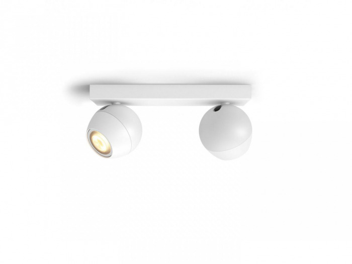 Spot LED Dublu Philips Hue Buckram, Bluetooth, 2xGU10, 2x5W, 700 lm, lumina alba (2200-6500K), IP20, 25.2x8.2cm, Metal, Alb, Intrerupator cu variator inclus