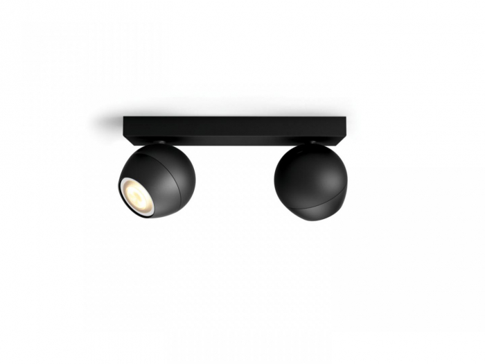 Spot LED Dublu Philips Hue Buckram, Bluetooth, 2xGU10, 2x5W, 700 lm, lumina alba (2200-6500K), IP20, 25.2x8.2cm, Metal, Negru, Intrerupator cu variator inclus
