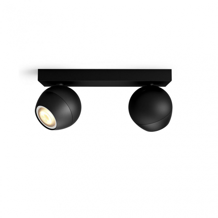 Spot LED Dublu Philips Hue Buckram, Bluetooth, 2xGU10, 2x5W, 700 lm, lumina alba (2200-6500K), IP20, 25.2x8.2cm, Metal, Negru, Intrerupator cu variator inclus