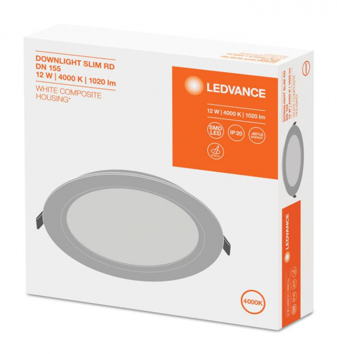 Spot LED incastrat Ledvance DL SLIM, 12W, 1020 lm, lumina neutra (4000K), IP20, 16.9cm, Alb