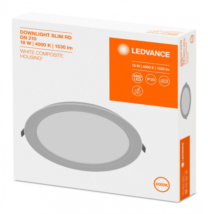 Spot LED incastrat Ledvance DOWNLIGHT SLIM ALU, 18W, 1530 lm, lumina neutra (4000K), IP20, 225x30mm, aluminiu, Alb