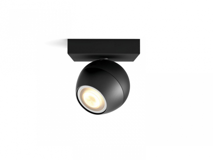 Spot LED Philips Hue Buckram, Bluetooth, GU10, 5W (50W), 350 lm, lumina alba (2200-6500K), IP20, 10.2cm, Metal, Negru, Intrerupator cu variator inclus