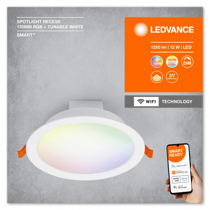 Spot LED RGB incastrat Ledvance SMART+ WiFi, 12W, 1000 lm, lumina alba si color (2700-6500K), IP20 IK03, 170x57mm, Alb