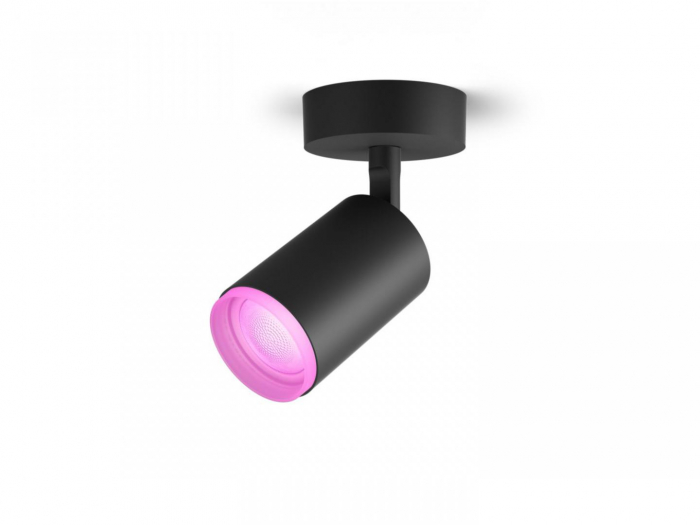 Spot LED RGB Philips Hue Fugato, Bluetooth, GU10, 5.7W, 350 lm, lumina alba si color (2000-6500K), IP20, Metal, Negru