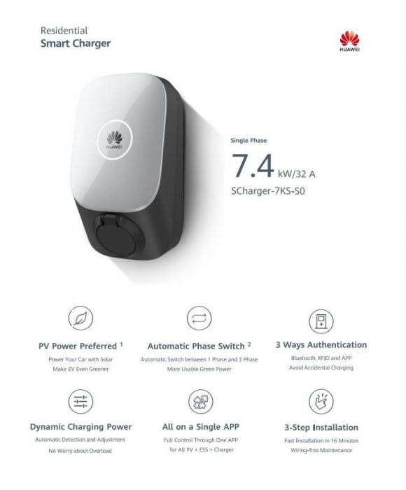 Statie incarcare V.E. Huawei Smart Charger 7.4 kW, 230V, 6A-32A, priza Type 2, WiFi, IP54, IK10, 2x RFID Card incluse