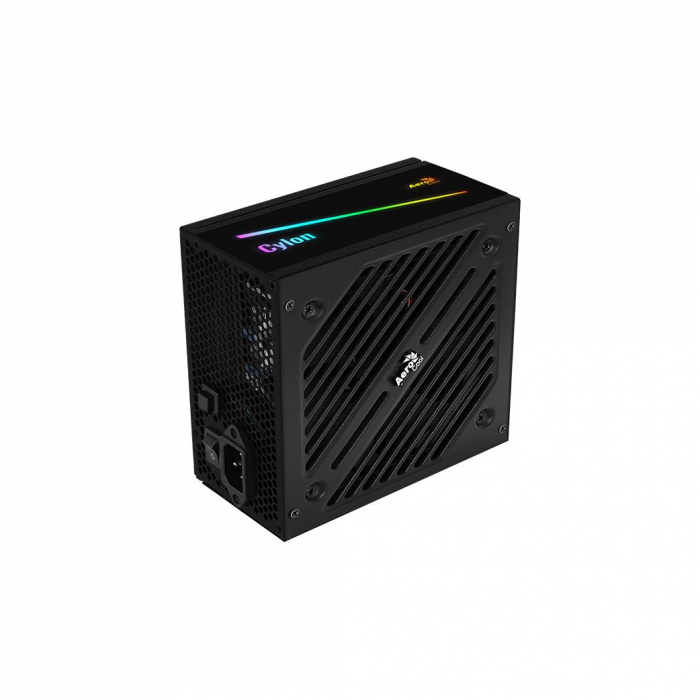 Sursa Aerocool Cylon 500W iluminare RGB, eficienta 85%, single rail (37A), ventilator silentios de 120mm cu iluminare RGB cu control termic automat, 2x 6+2pin PCIE, 5x SATA, 3x Molex, 1x Floppy, 1x 4+