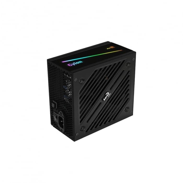 Sursa Aerocool Cylon 600W iluminare RGB, eficienta 85%, single rail (45A), ventilator silentios de 120mm cu iluminare RGB cu control termic automat, 2x 6+2pin PCIE, 5x SATA, 3x Molex, 1x Floppy, 1x 4+