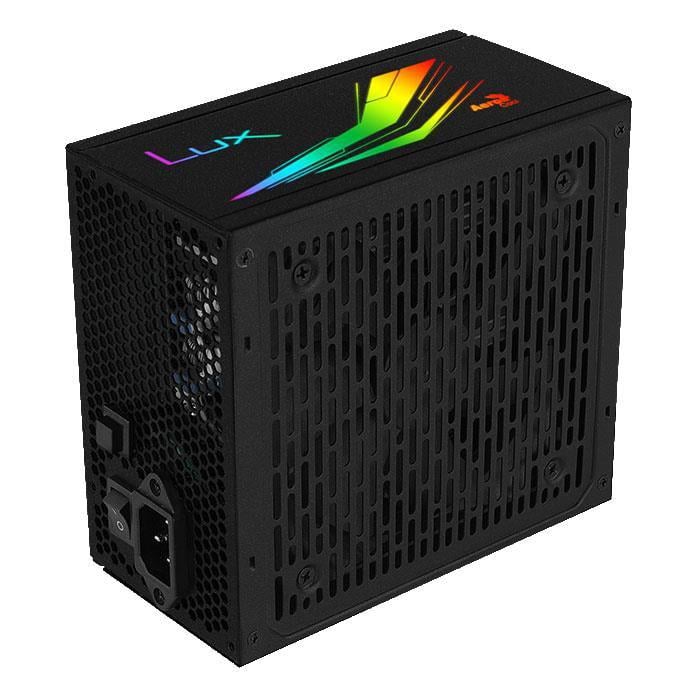 Sursa Aerocool Lux RGB 650 650W iluminare RGB, certificata 80 PLUS Bronze eficienta 88%, iluminare RGB, single rail (50A),ventilator silentios de 120mm cu control termic automat, 2x 6+2pin PCIE, 5x SA