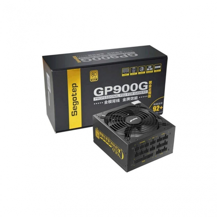 Sursa full modulara Segotep GP900G 800W, certificata 80 PLUS Gold, eficienta 92.24%, single rail (66A), ventilator silentios de140mm cu control termic automat, 6x 6+2pin PCIE, 8x SATA, 6x Molex, 1x 4+