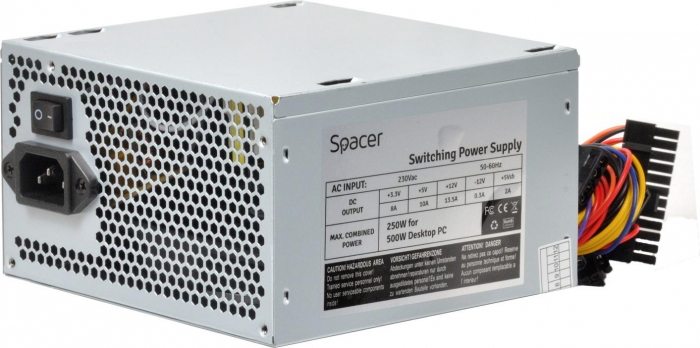 Sursa Spacer ATX 500, 250W for 500 Desktop PC, fan 120mm, Switch ON OFF , zSPS-ATX-500-V12,