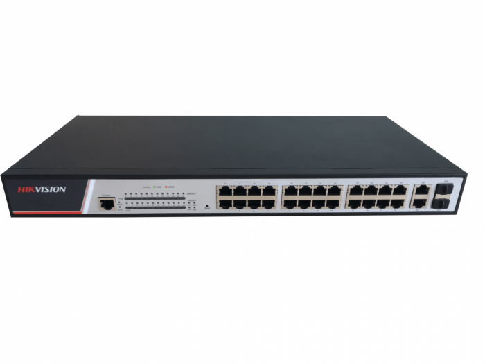 Switch 24 porturi POE Hikvision DS-3E2326P, L2, Full Managed, 24 x 10 100 Mbps PoE ports and 2 x 10 100 1000 Mbps combo uplink ports, buget PoE 3...