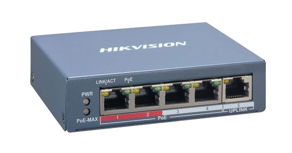 Switch 4 porturi PoE Hikvision DS-3E1106HP-EI 4 A 100 Mbps PoE RJ45 ports, 2 A 100 Mbps network RJ45 ports,IEEE 802.3at af bt standard for PoE ports,6 KV surge protection,AF AT camera can reach up to