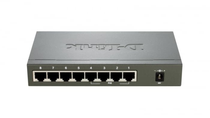 Switch D-Link DES-1008PA, 8 porturi 10 100Mbps, 4 porturi PoE 802.3af, desktop, fara management