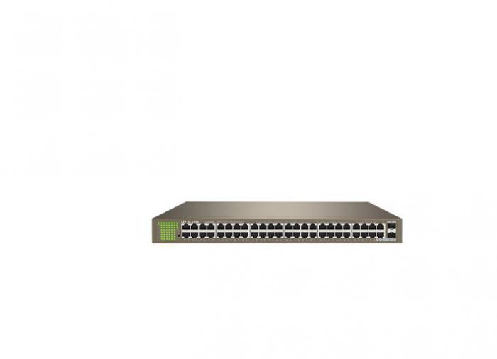 Switch IP-COM G1050F, standarde retea: IEEE 802.3, IEEE 802.3u, IEEE 802.3x, IEEE 802.3ab, IEEE 802.3z, interfata: 48 x 10 100 1000 RJ45, 2 x SFP 1000 Mbps, dimensiuni: 440 mm x 240 mm x 44 mm, carcas