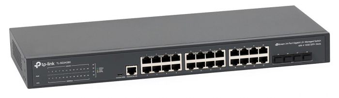 Switch TP-Link TL-SG3428X, Jetstream, managed L2+, 24A 10 100 1000 Mbps RJ45, 4A 10G SFP, 1A RJ45 Console Port, 1A Micro-USB Console Port, Fanless, Rack Mountable, Switching Capacity 128 Gbps, Packet