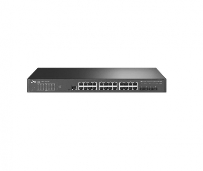 Switch TP-Link TL-SG3428X-UPS, Jetstream, managed L2+, 24A 10 100 1000 Mbps RJ45, 4A 10G SFP, 1A RJ45 Console Port, 1A Micro-USB Console Port, UPS power supply, Fanless, Rack Mountable, Switching Capa