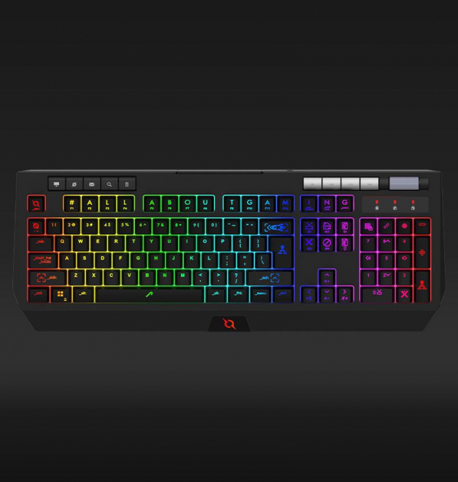 Tastatura AQIRYS Capella Black, cu fir, switch-uri silent, 114 de taste, US layout, compatibila cu PC Mac si console, lungimea cablului 1.8m, cu iluminare RGB, neagra