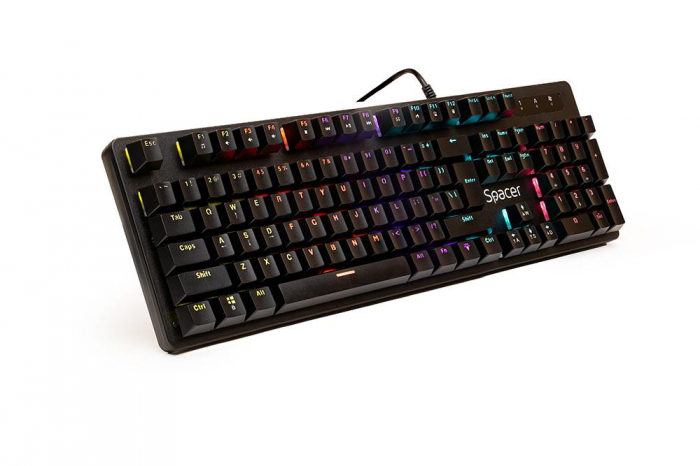 Tastatura Spacer WARRIOR cu fir, USB, switch-uri mecanice albastre, 50 mil. apasari, 104 taste, anti-ghosting 26 taste, anti-spill, black