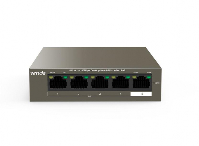 Tenda switch TEF1105P-4-38W, 5-Port 10 100Mbps, 4-porturi POE, Standarde de retea: IEEE 802.3 IEEE 802.3u IEEE 802.3x IEEE 802.3af, interfata: 4 10 100 Base-TX Ethernet Ports(Data Power), 1 10 100