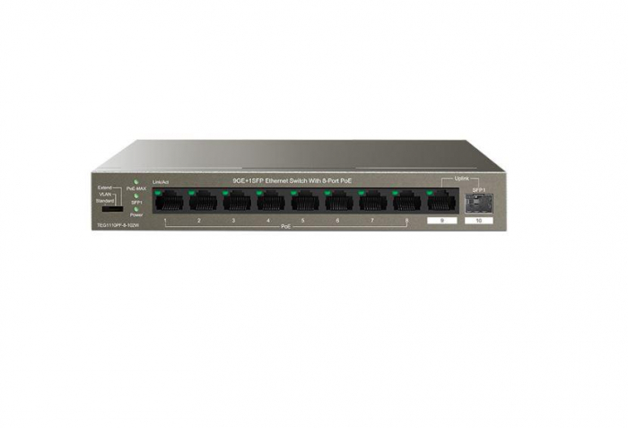 Tenda switch TEG1110PF-8-102W, 9GE+1SFP Ethernet Switch, 8-Port PoE, interfata: 8 10 100 1000 Mbps Base-T Ethernet ports (Data Power), 1 10 100 1000 Mbps Base-T Ethernet port (Data), 1 100 1000