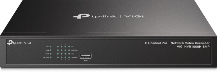 TP-LINK VIGI 8 CHANNEL Network video recorder, VIGI NVR1008H-8MP, latime de banda 80 Mbps, 8 canale IP, rezolutie: pana la 8MP, format: H.265+ H.265 H.264+ H.264, suporta 1 HDD SATA de pana la 10TB,