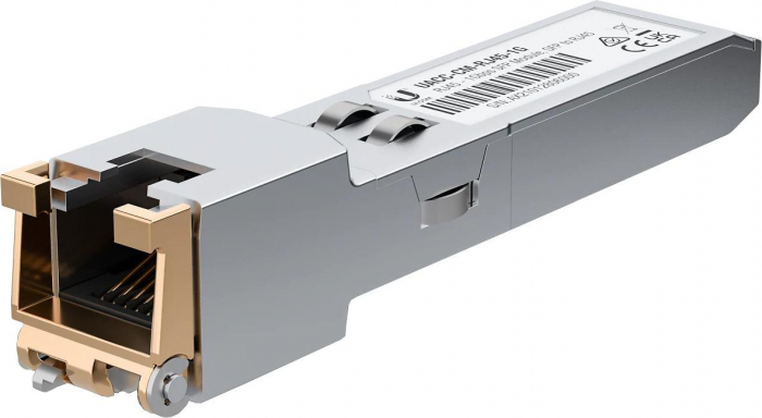 Ubiquiti RJ45 - SFP SF+ Transceiver Module, SFP to RJ45, UF-RJ45-1G; Rata detransfer de date 1 10 Gpbs, distanta cablu: 1 Gbps (Cat 5e): 100 m, 10 Gbps (Cat 6A): 30 m, consum 1.2w.