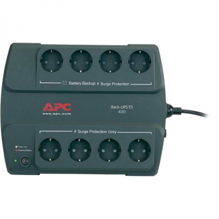 UPS APC Back-UPS ES stand-by 400VA 240W 8 conectori Schuko CEE7 ,optional extindere garantie cu 1 3 ani (WBEXTWAR1YR-SP-01 WBEXTWAR3YR-SP-01)