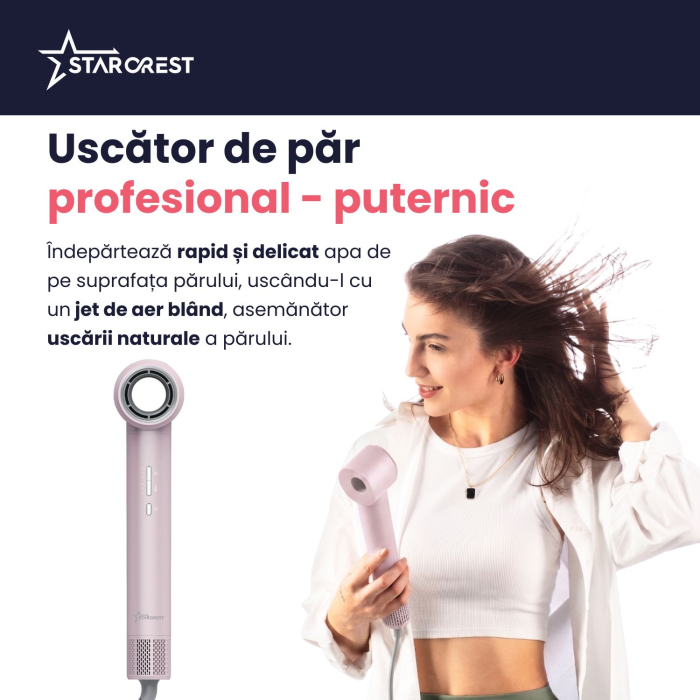 Uscator de par profesional STARCREST SHD-6-1PK, 1300 W, 6 Accesorii incluse, 3 Trepte de viteza, 3 Trepte de temperatura, Buton de aer rece, Roz [3]