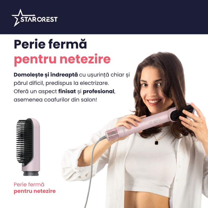 Uscator de par profesional STARCREST SHD-6-1PK, 1300 W, 6 Accesorii incluse, 3 Trepte de viteza, 3 Trepte de temperatura, Buton de aer rece, Roz [6]