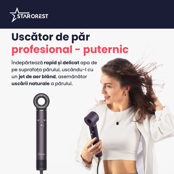 Uscator de par profesional STARCREST SHD-7-1PP, 1300 W, 4 Accesorii incluse, 3 Trepte de viteza, 3 Trepte de temperatura, Buton de aer rece, Mov [3]
