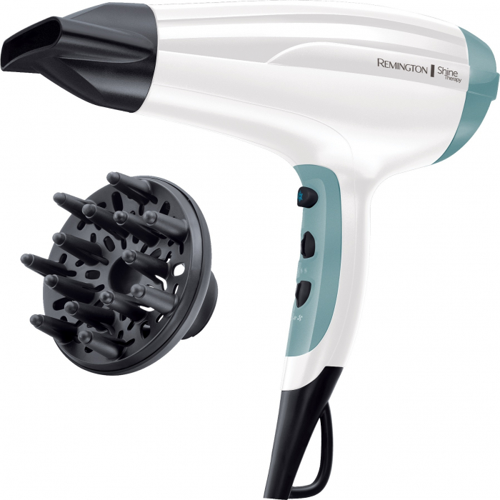 Uscator de par Remington Shine Therapy D5216, 2300W, Ionizare, 3 trepte de temperatura, 2 viteze, CoolShot, concentrator, difuzor, Alb Albastru