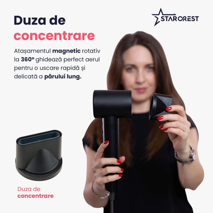 Uscator de par STARCREST SHD-2BK, 1600 W, 110.000 RPM, Ionizare, 3 Trepte de temperatura, 2 Trepte de viteza, Buton de aer rece, Negru [3]