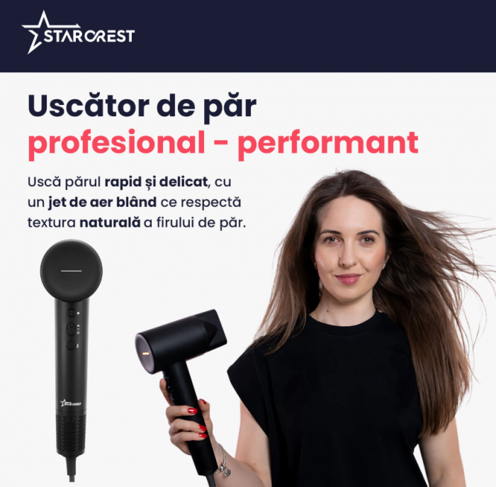 Uscator de par STARCREST SHD-2BK, 1600 W, 110.000 RPM, Ionizare, 3 Trepte de temperatura, 2 Trepte de viteza, Buton de aer rece, Negru [2]