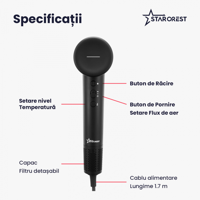 Uscator de par STARCREST SHD-2BK, 1600 W, 110.000 RPM, Ionizare, 3 Trepte de temperatura, 2 Trepte de viteza, Buton de aer rece, Negru [7]