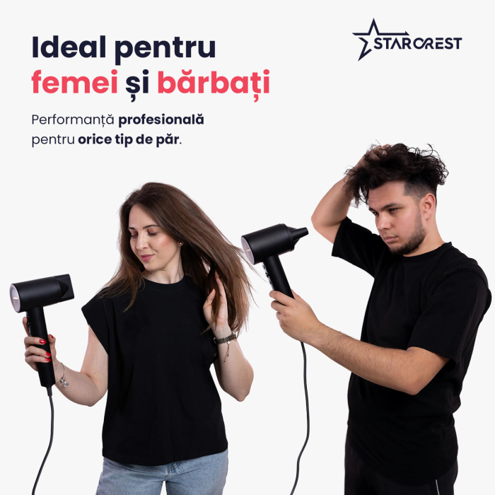Uscator de par STARCREST SHD-2BK-DIF, Difuzor par cret, 1600 W, 110.000 RPM, Ionizare, 3 Trepte de temperatura, 2 Trepte de viteza, Buton de aer rece, Negru [6]