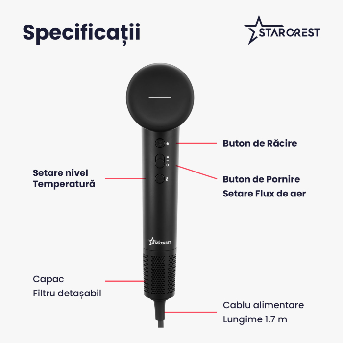 Uscator de par STARCREST SHD-2BK-DIF, Difuzor par cret, 1600 W, 110.000 RPM, Ionizare, 3 Trepte de temperatura, 2 Trepte de viteza, Buton de aer rece, Negru [8]