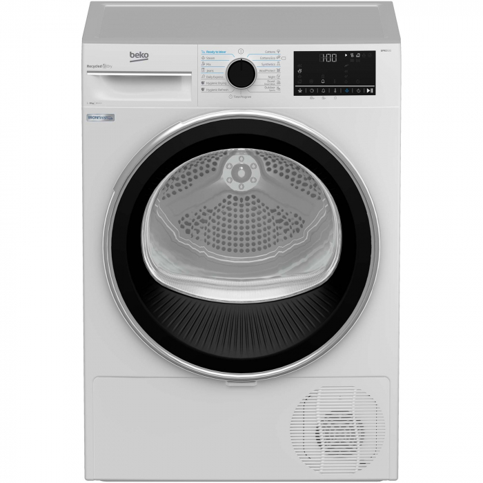 Uscator de rufe Beko B5T68243, Pompa de caldura, 8 kg, 15 programe, Clasa A+++, Eco Gentle, Optisense, Aquawave, IronFinish, Alb